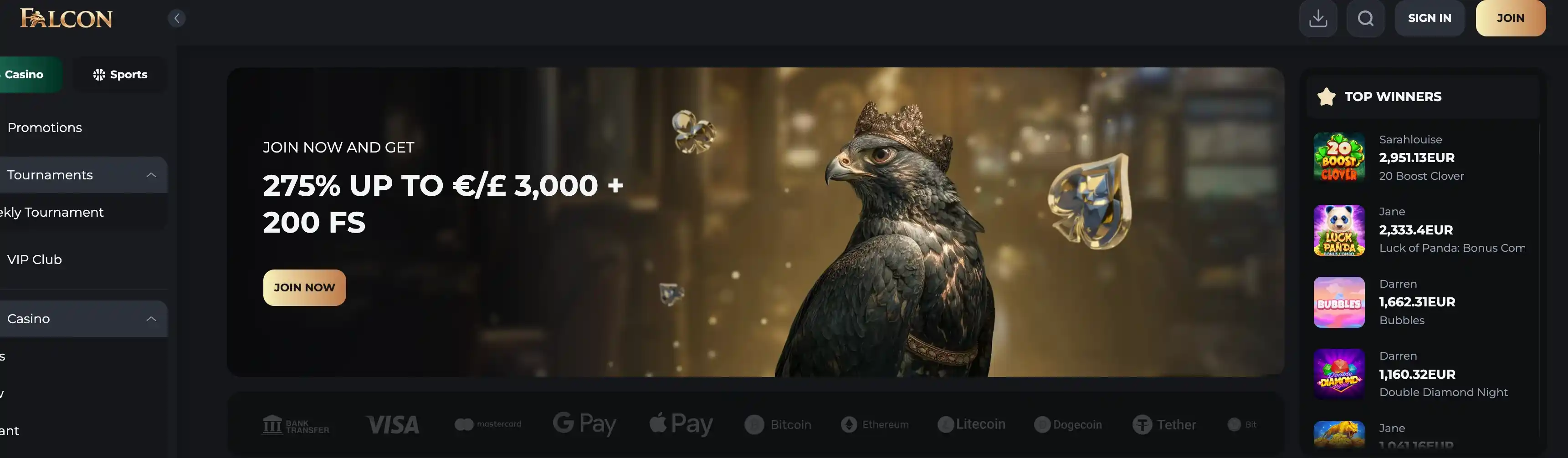Falcon Casino welcome bonus offer